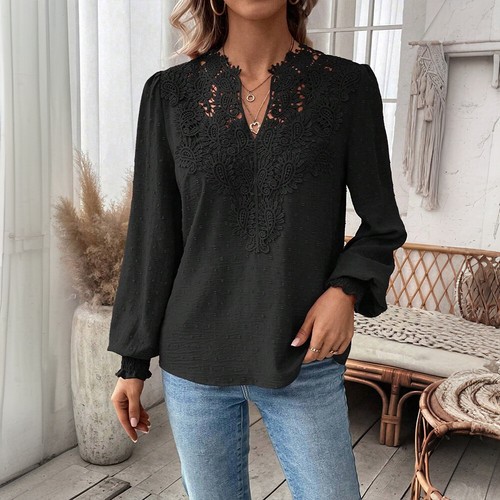 Women Lace V Neck Tunic Tops Ladies Casual Loose Long Sleeve Plain Blouse Shirt - Picture 18 of 22