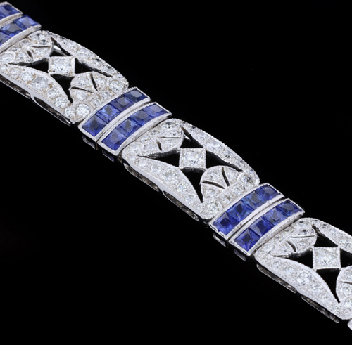 Estate Art Deco Lab-Created Diamonds & Blue Sapphires Opulence Fine Bracelets - Picture 2 of 6