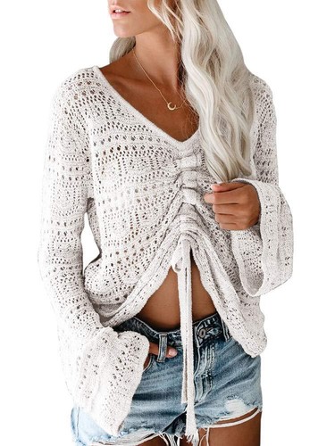 Women's Beach Off Shoulder Hollowed Out Horn Sleeve Drawstring Knitted Sweater - Picture 6 of 52