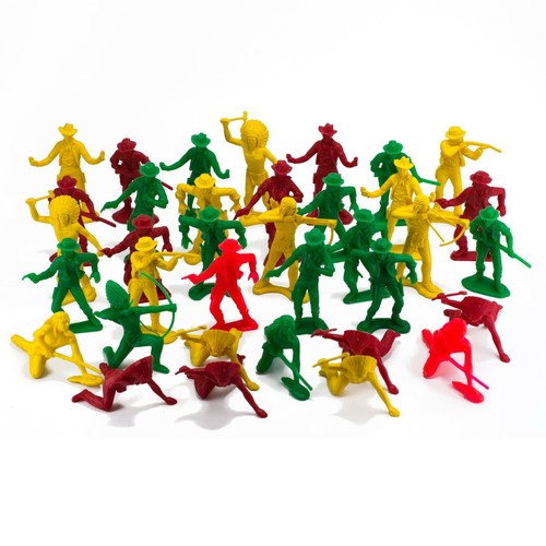 Vintage Lot of 36 Plastic Western Cowboys and Indians Figures Red Green & Yellow - Picture 1 of 2
