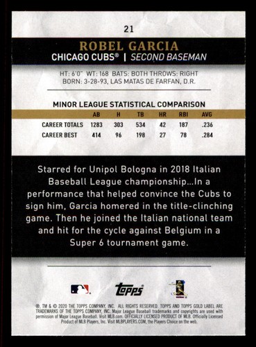 2020 Topps Gold Label Class 2 Black #21 Robel Garcia - Picture 2 of 2