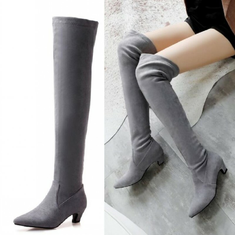 Women's Pointy Toe Kitten Mid Heel Kitty thigh high mid heel pointed boot