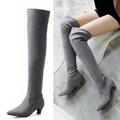 Women's Pointy Toe Kitten Mid Heel Suede Stretch Over The Knee Thigh High Boots