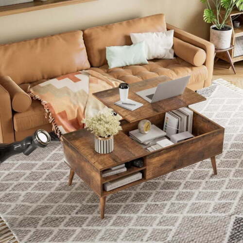 Lift-Top Coffee Table W/Hidden Compartment & Adjustable Storage Shelf Rustic Oak - Picture 4 of 8