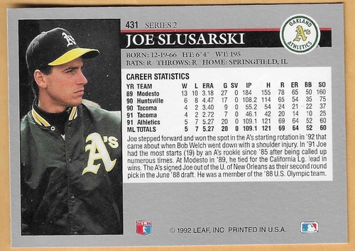 Joe Slusarski Oakland Athletics #434 sin puntos inc - Hoja casi nuevo - Nuevo como nuevo 1992 - Imagen 2 de 2