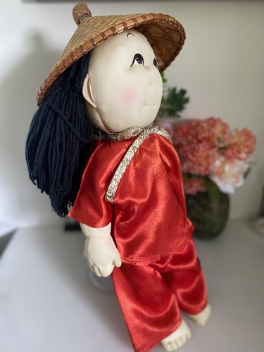Rice Paddy Babies Soft Sculpture Girl Doll With Straw Hat Vintage 1984 18" Nice - Picture 23 of 24