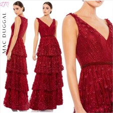 Mac Duggal 67710 Floral Applique Ruffled Tiered V Neck Gown 4 Burgundy Red