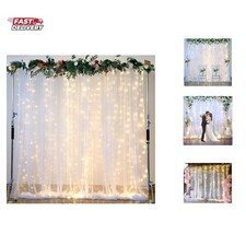 White Tulle Backdrop Curtain with Lights String for Parites 10 8ft Sheer Back...