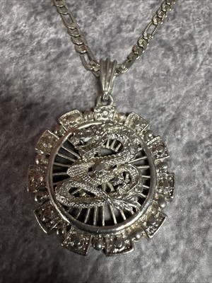 Vintage Silver Tone Dragon Medallion Pendant Necklace Asian Martial Arts Style