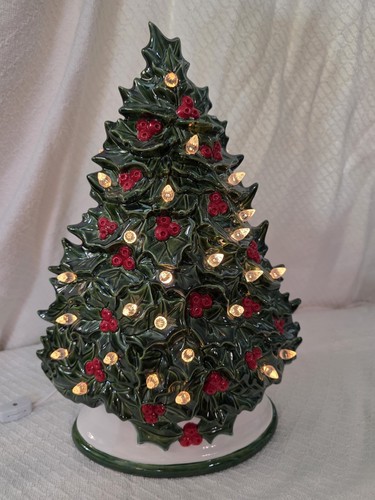 Vintage Ceramic Light-Up Holly Christmas Tree Hand Painted – Works – TALL - Picture 5 of 12