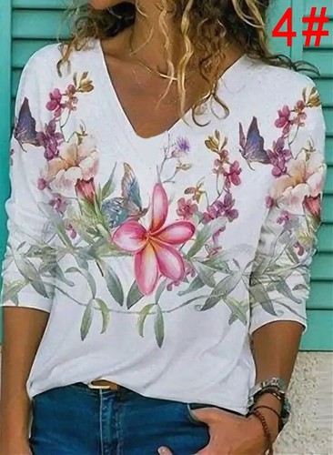 Womens Autumn Loose Blouse T-Shirts Floral PRINT Long Sleeved TOPS TEE PLUS SIZE - Picture 8 of 18