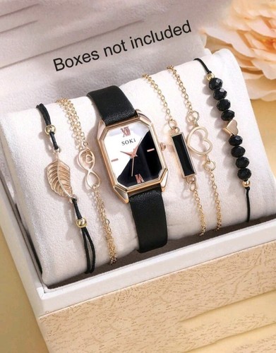 Soki Ladies Watch Black PU Leather Strap. 5 Cute Bracelets included Jewellery - Picture 1 of 3