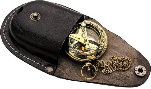 Brass Sundial Compass with Leather Case and Chain - Push Open Compass - 第 1/7 張圖片