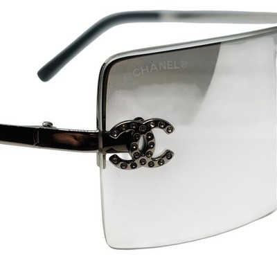 CHANEL 4092-B Rimless Sunglasses Coco Mark Rhinestone Silver Gray