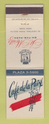 Matchbook Cover - Cafe de la Paix New York City St Moritz Hotel