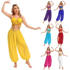 US Women Belly Dance Outfit Sequin Mesh Tassel Bra Top Ruched Chiffon Pants