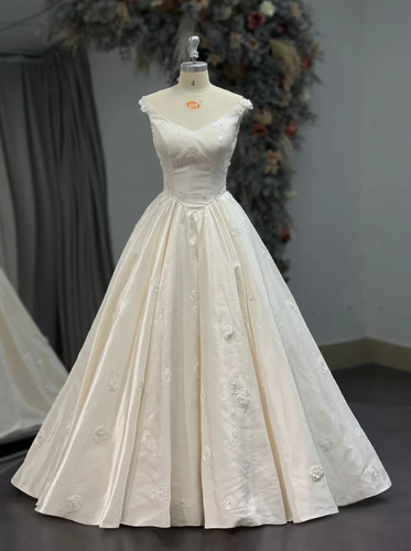 Vintage Wedding Dresses 1950s Satin Ivory 3D Flowers V Neck 60s Bridal Gowns - Picture 8 of 23