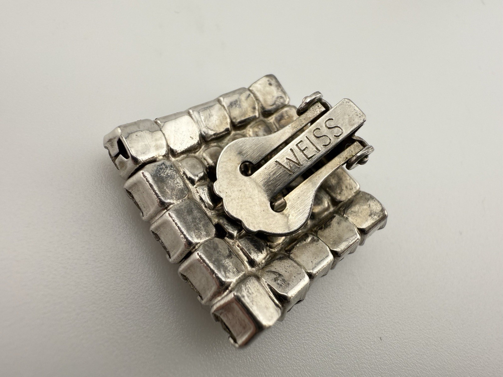 WEISS SILVERTONE RHINESTONE LARGE SQUARE CLIP ON … - image 3