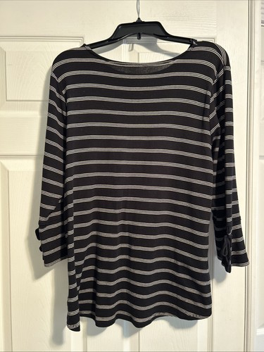 J.Jill Women’s Pima Cotton 3/4 Sleeve Pullover Black W/White & Gold Stripes L - Picture 3 of 3
