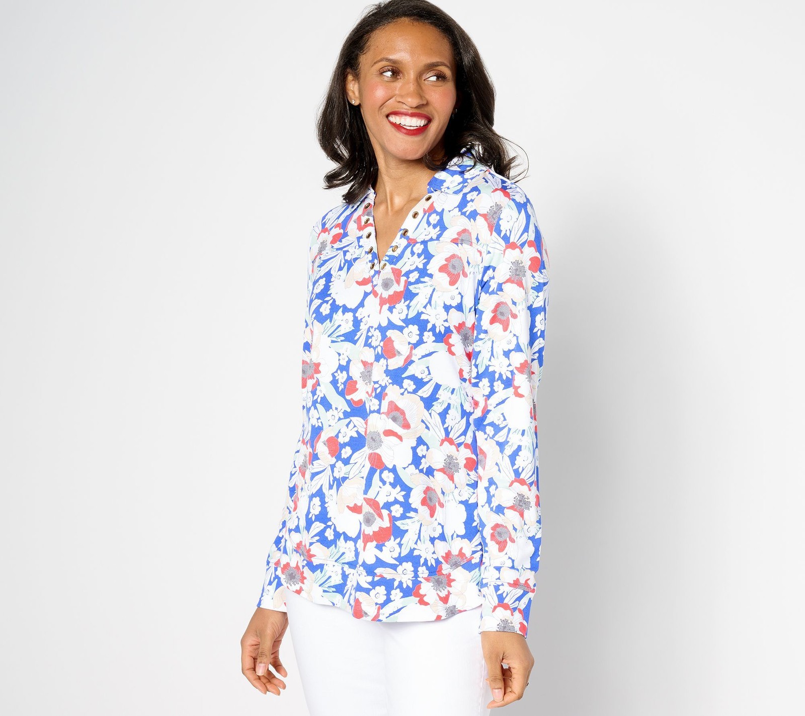 Sport Savvy Women's Top Sz XS Long-Sleeve Grommet Split Neck Tunic Blue A635943