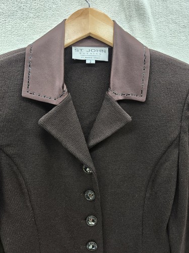 Vintage St. John Evening braun Wolle Strick Blazer & 100% Seide weites Bein Hose Set - Bild 3 von 16