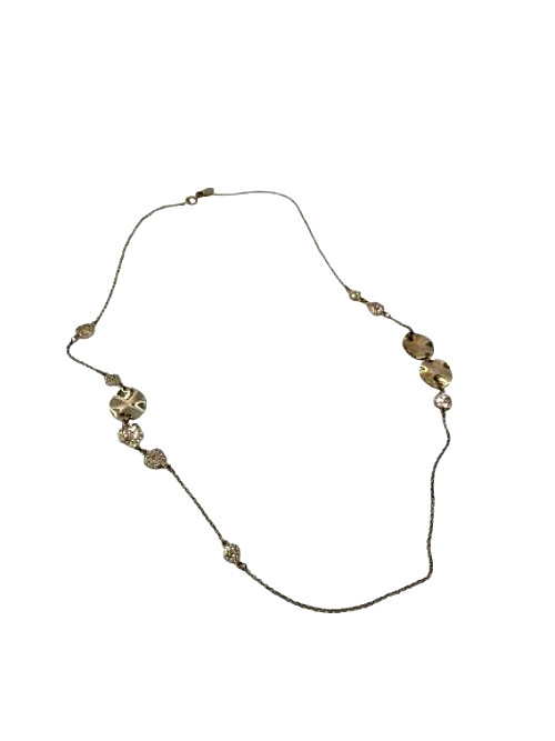 Ann Taylor Gold Tone Crystal Disc Station Necklace Hammered Long Chain