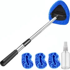 Windshield Cleaner Tool with Rotating Extendable Handle, 4 Reusable Microfiber