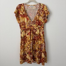 Urban Outfitters Dress Women Large Yellow Burgundy Floral Tiered Babydoll V-Neck