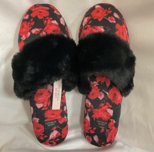Victoria  s Secret Satin Faux Fur Slippers Black With Red/Pink Floral M 7-8