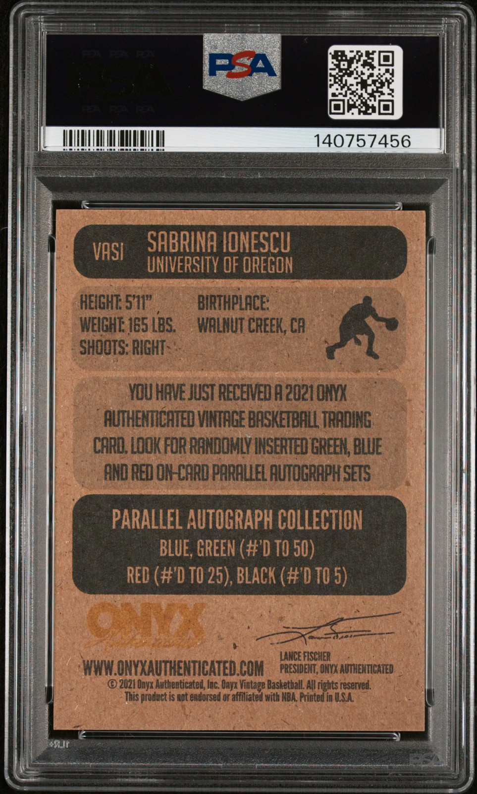 2021 ONYX VINTAGE AUTO-BLUE INK #VASI SABRINA IONESCU PSA 10 view 2