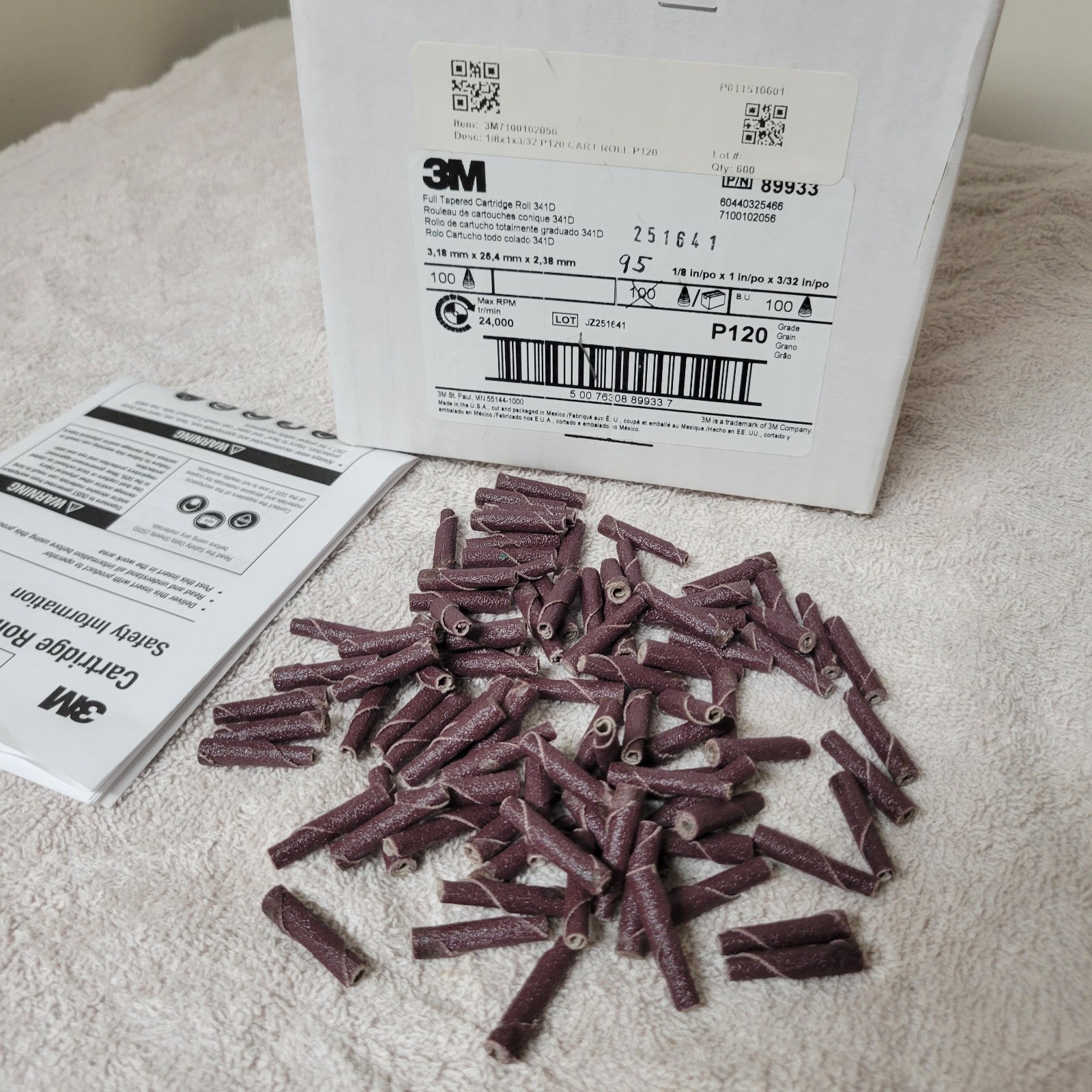 3M 89933 Full Tapered Cartridge Roll 341D 1/8" X 1" X 3/32" P120 Grit - 95 Pcs.