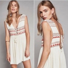  128 NWT FREE PEOPLE XS EMBROIDERED SIMPLY LACE UP SLEEVELESS DRESS IVORY COMBO