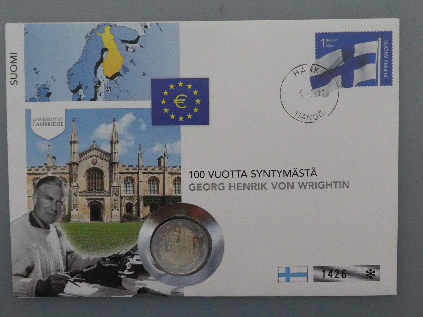 Lettre numismatique, Finlande, 2 euros, Georg Henrik von Wright, 2016
