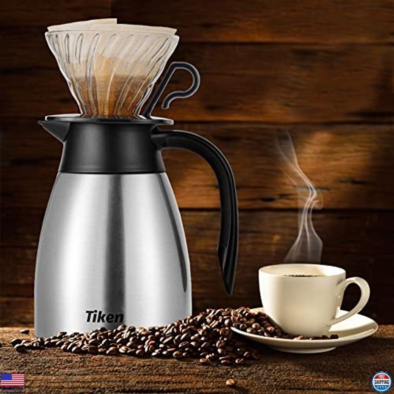 Tiken 34 Oz Stainless Steel Thermal Coffee Carafe - Insulated Vacuum Dispenser