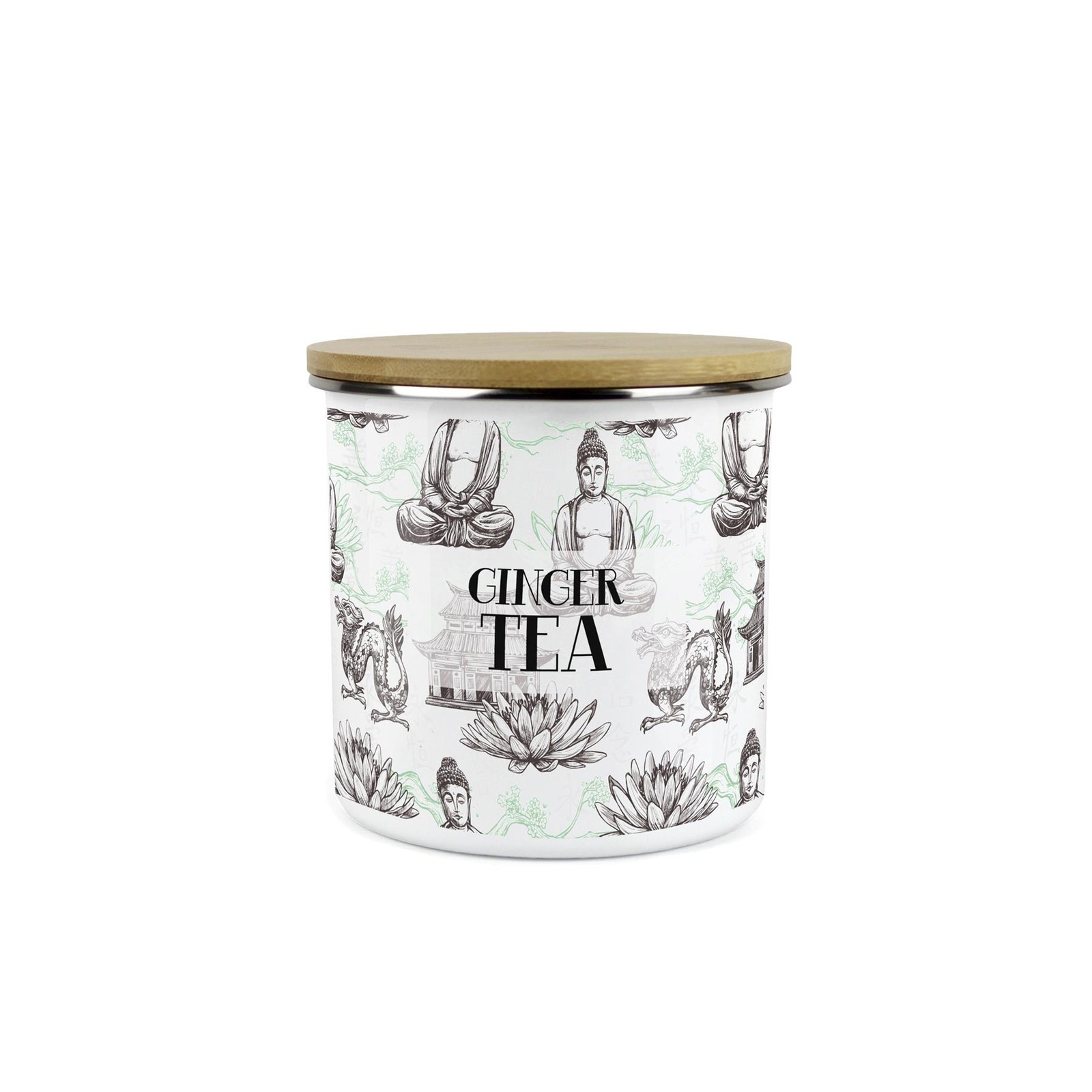 Ginger Tea Storage Canister - Asian Scenes Green Enamel Kitchen Container Gift