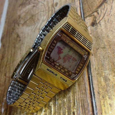 時計 SEIKO WORLD TIME ATLAS A239-5020 Rare Used Working Item A239 5020 Seiko World Time Atlas Gold