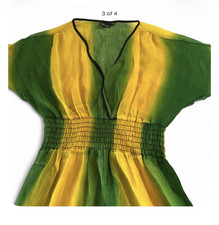 ZARA Women's Free Size Green Yellow Striped V-Neck Smocked Mini Short Sleeve