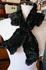Genuine Rabbit Fur Scarf Collar 34”L X 4”W Black  Boho Retro Wrap Ruffled Button