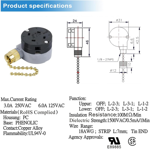 Ceiling Fan Switch Zing Ear ZE-208D 3 Speed Control 5-8 Wire Pull Chain Switch A - Picture 2 of 12