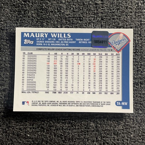 Maury Wills 2003 certificado Topps automático TA-MW ¡Envío gratuito! - Imagen 2 de 2