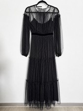 BCBG Max Azria Black Swiss Dot Tulle Maxi Dress Velvet Waist Size 0