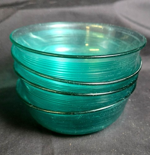 Vtg Arcoroc France Set 4 Ribbed Glass Bowls Teal Turquoise Blue Green Soup Cerea - Picture 1 of 11
