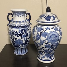 SET OF 2 Blue and White Large Vase With Lid/ ...