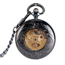 Hollow Mechanical Hand-Winding Pocket Watch Roman Numeral Skeleton Dial W/ Chain
