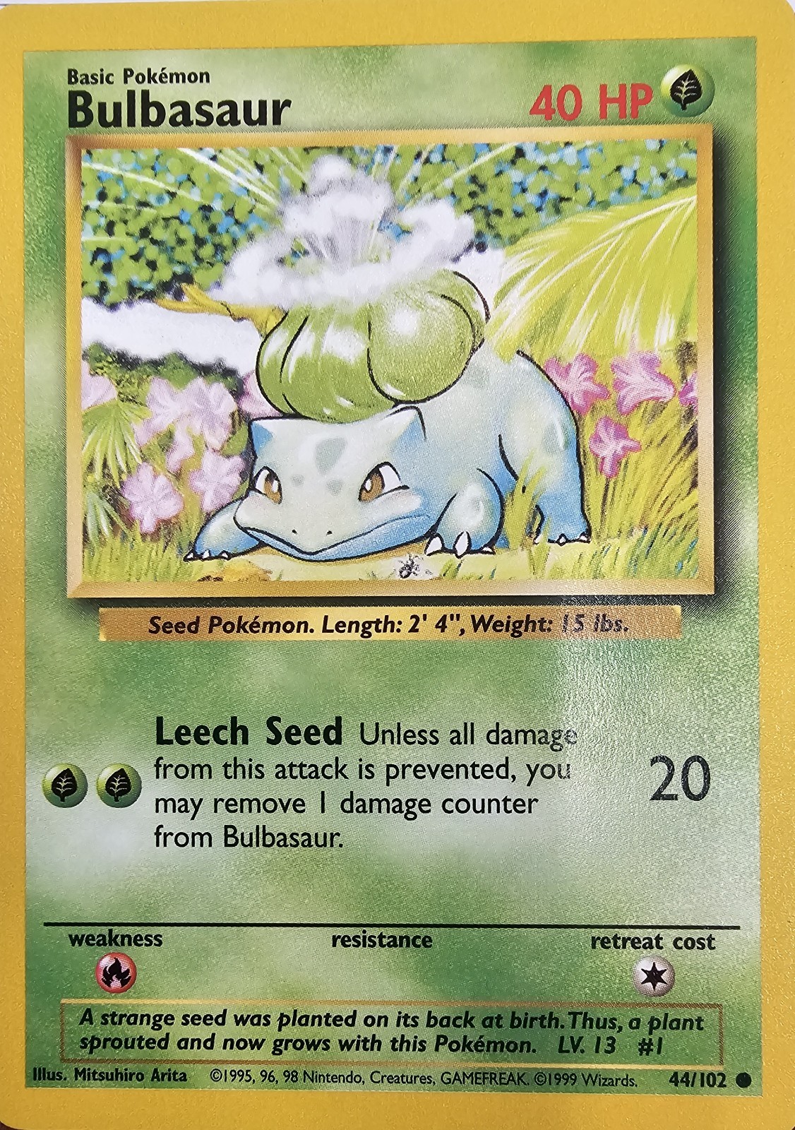 Pokémon TCG Bulbasaur Card 44/102 Common Unlimited Base Set