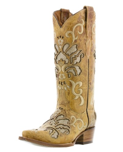 Womens Western Rodeo Boots Sand Leather Wedding Bridal Snip Size 5, 5.5, 9.5, 10 - Picture 1 of 5