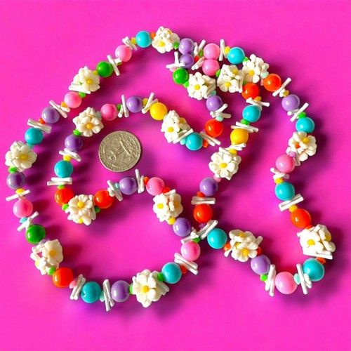 Boho Hippie Love Perlenkette Vintage 60er Jahre Kunststoff Flower Power 36" - Bild 1 von 11