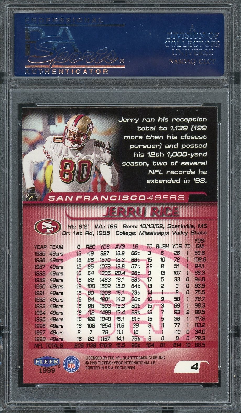 1999 Fleer Focus #4 Jerry Rice PSA 10 GEM MINT HOF 49ers view 2