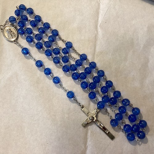 Vintage Rosary Beads INRI Blue Glass Silver Tone 22” - Picture 2 of 8