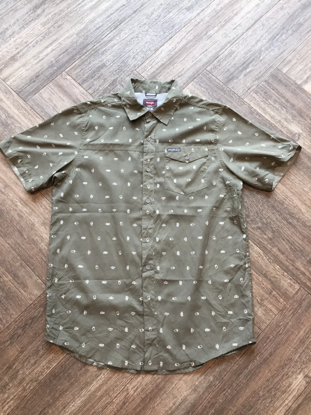 Wrangler Outdoor Shirt Olive Green Patterned Utility Hiking Fishing Large